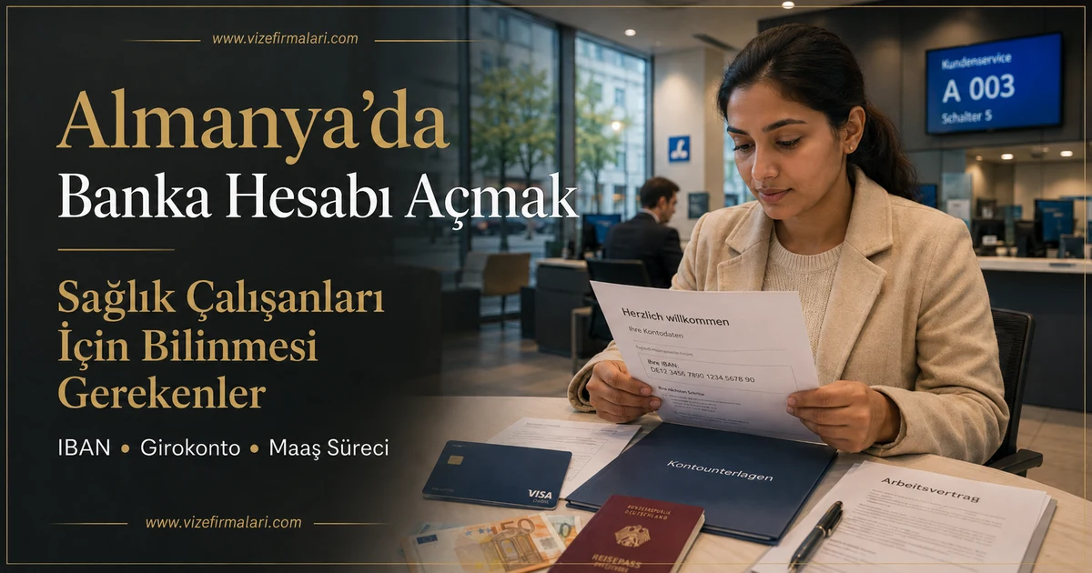 Almanya’da banka hesabı açma sürecini temsil eden, banka kartı ve resmi belgelerle finansal işlemleri gösteren sahne