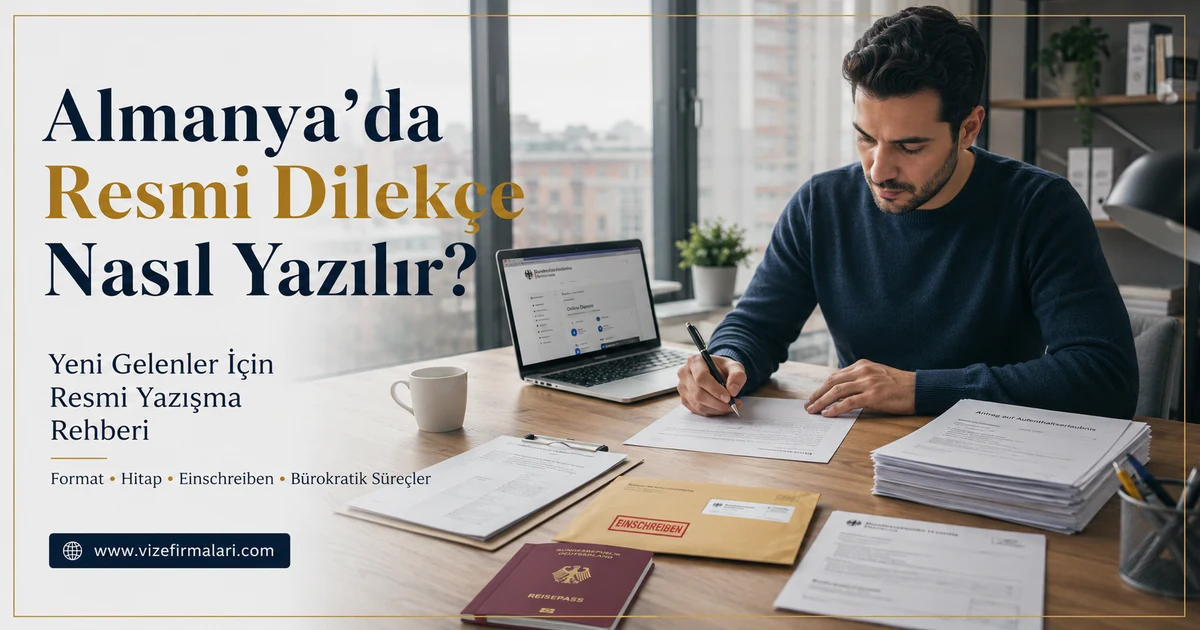Almanya’da resmi dilekçe yazım sürecini temsil eden masa üzerinde Almanca resmi evraklar ve posta zarfı
