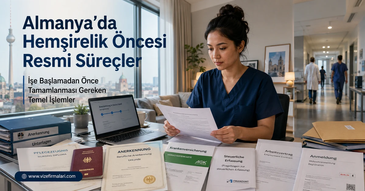 Almanya’da hemşirelik öncesi resmi işlemleri temsil eden sağlık çalışanı ve resmi evrak hazırlık süreci