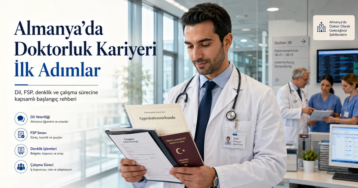Almanya’da kariyer planlayan doktorların dil sınavı, denklik ve hastane işe alım süreçlerini temsil eden sağlık çalışanı görseli