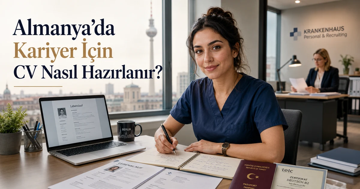 Almanya’da kariyer hedefleyen adayın profesyonel CV hazırlama sürecini gösteren modern çalışma masası sahnesi