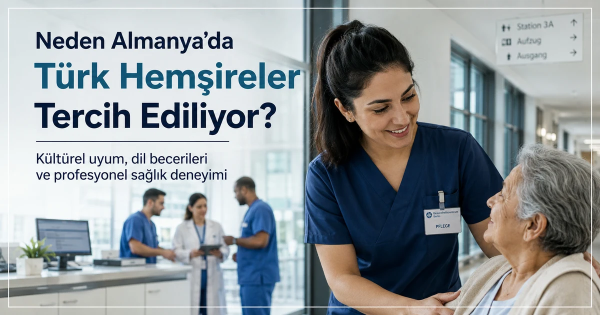 Almanya’daki modern hastanede çalışan Türk hemşireler ve çok kültürlü sağlık ekibini temsil eden profesyonel klinik ortamı