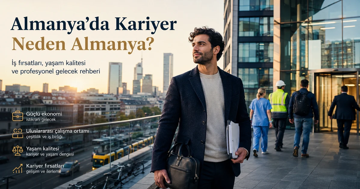 Almanya’da kariyer fırsatlarını temsil eden modern şehir manzarası ve profesyonel iş ortamında çalışan uluslararası profesyoneller