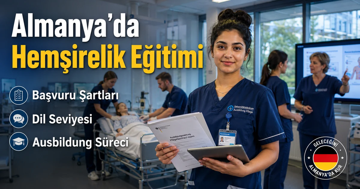 Almanya’da hemşirelik eğitimi almak isteyen adayların başvuru, dil eğitimi ve hastane staj sürecini gösteren sahne