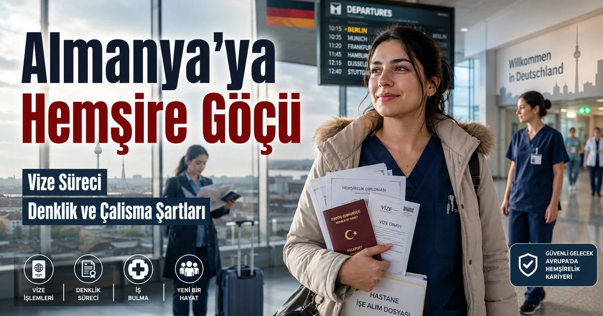 Türkiye’den Almanya’ya hemşire göçü sürecinde belge hazırlığı, vize ve sağlık kariyeri planlamasını temsil eden sahne