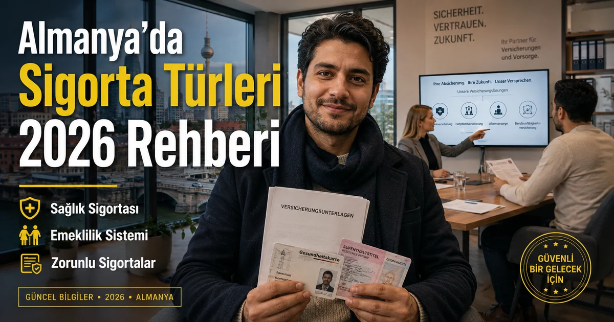 Almanya’da sağlık ve sosyal güvenlik sistemini temsil eden sigorta belgeleri ve profesyonel yaşam sahnesi