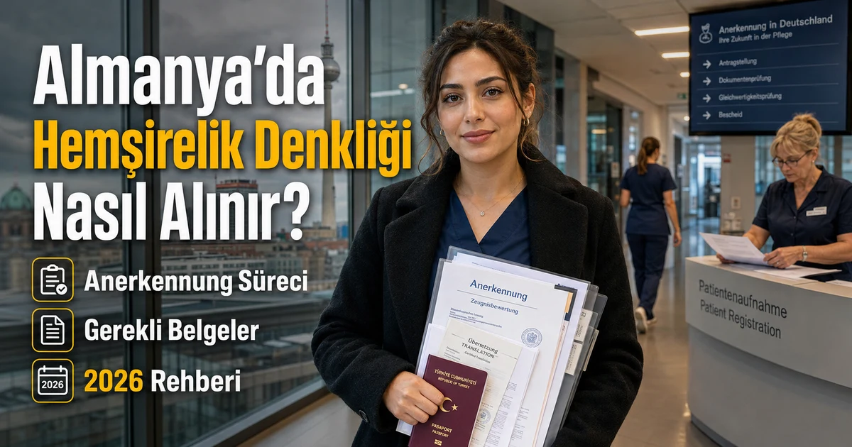 Almanya’da hemşirelik denklik sürecinde belge inceleyen sağlık çalışanı ve modern hastane ortamı