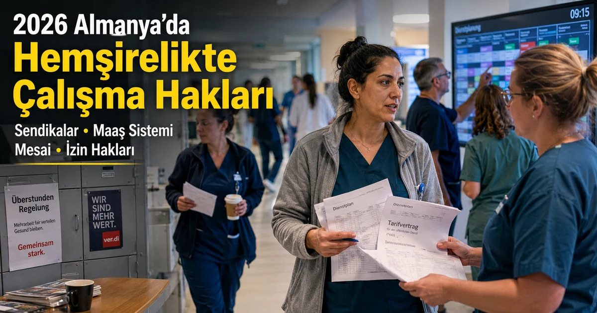 Almanya’da hastane önünde yürüyen hemşireler ve sağlık çalışanları çalışma hakları ve sendikal düzeni temsil ediyor.