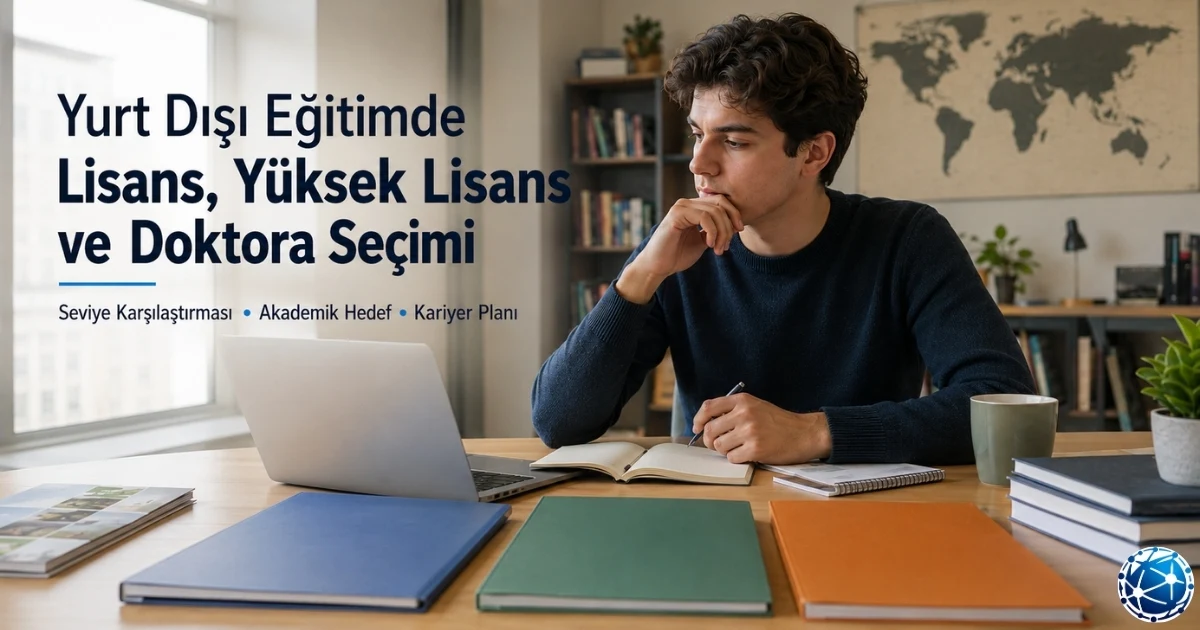 Yurt dışı eğitim planı yapan öğrenci, lisans, yüksek lisans ve doktora seçeneklerini akademik hedeflerine göre karşılaştırıyor.