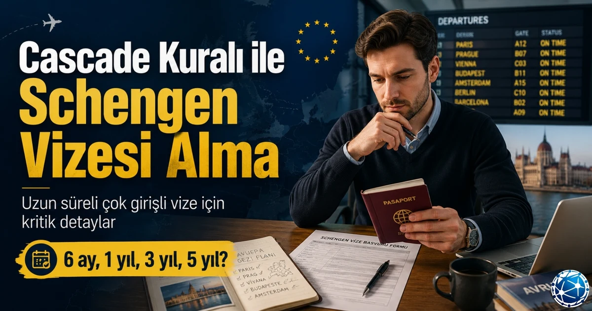 Schengen Cascade kuralı ile uzun süreli çok girişli vize almak isteyen başvuru sahibi, pasaport, seyahat planı ve vize belgelerini inceliyor.