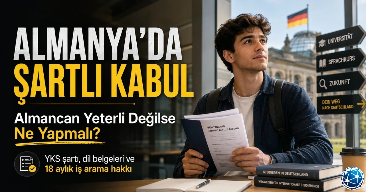Almanya’da üniversite okumak isteyen öğrenci, şartlı kabul, YKS şartı, bloke hesap ve dil belgeleri için başvuru dosyasını inceliyor.