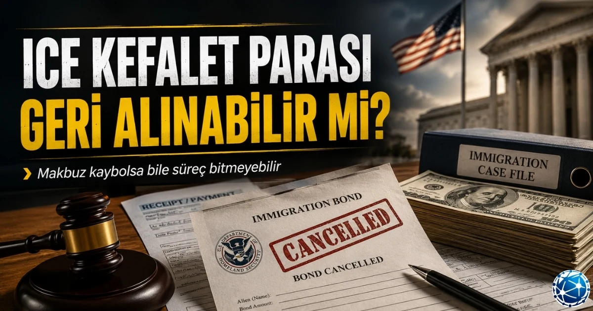 Amerika ICE bond iadesi için Form I-391, Form I-305, kefalet makbuzu ve DHS başvuru belgeleri göçmenlik dosyası üzerinde inceleniyor.