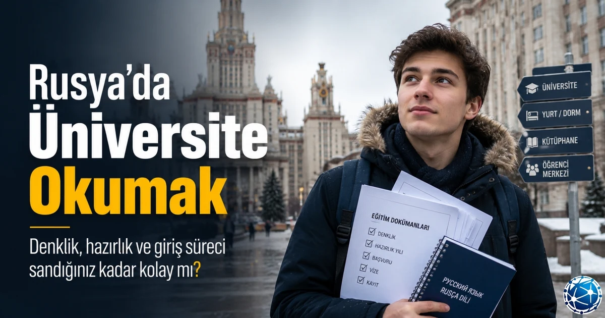 Rusya’da üniversite okumak isteyen öğrenci, YÖK denkliği, Rusça hazırlık, giriş sınavı ve yurt şartları hakkında başvuru dosyasını inceliyor.