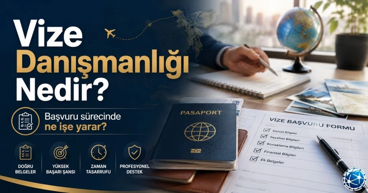 Vize danışmanlığı hizmeti kapsamında pasaport, başvuru formu, evrak listesi, randevu planlaması ve seyahat dosyası hazırlanıyor.
