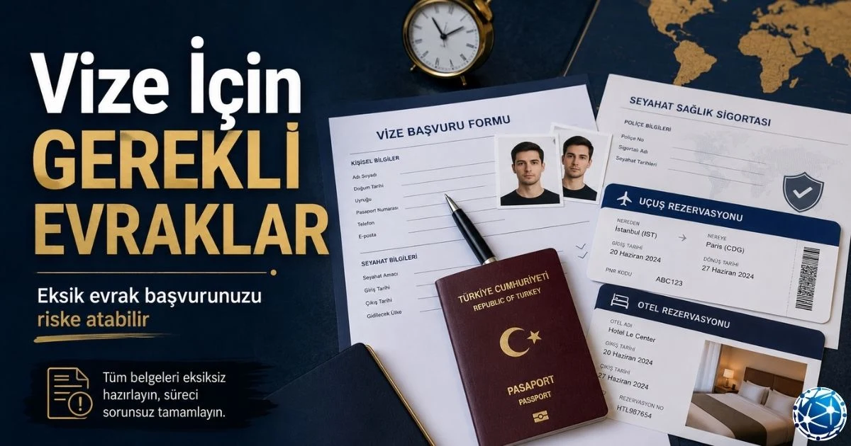 Vize için gerekli evraklar arasında pasaport, başvuru formu, biyometrik fotoğraf, banka dökümü, sigorta ve seyahat belgeleri hazırlanıyor.