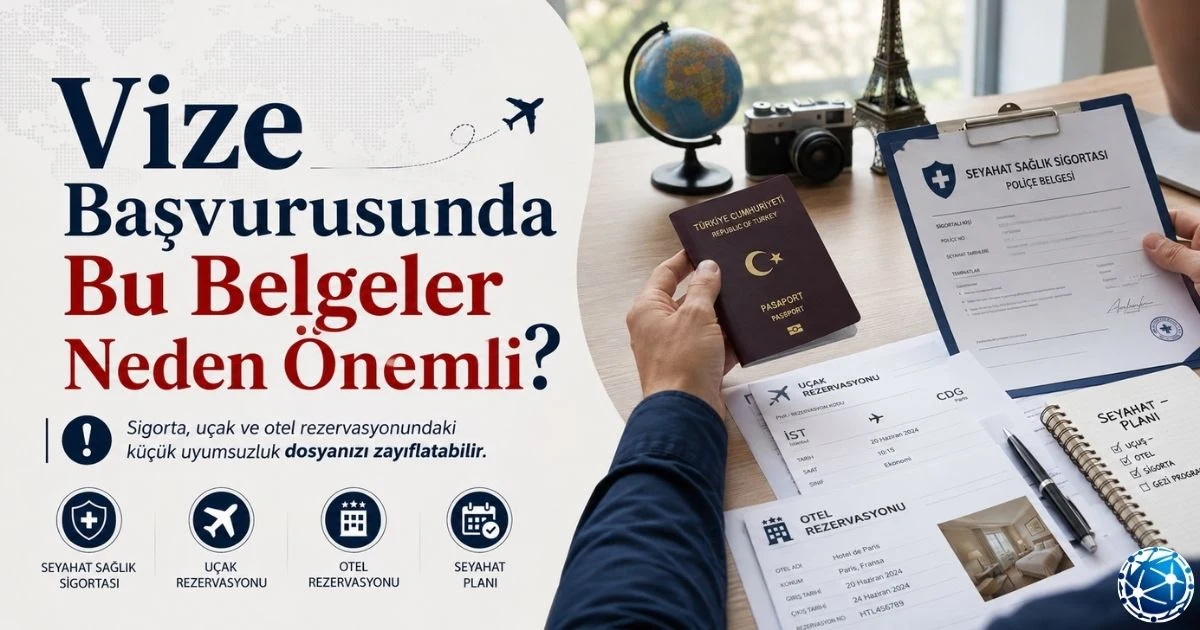 Vize başvurusu için seyahat sağlık sigortası, uçak rezervasyonu, otel rezervasyonu, pasaport ve seyahat planı belgeleri hazırlanıyor.