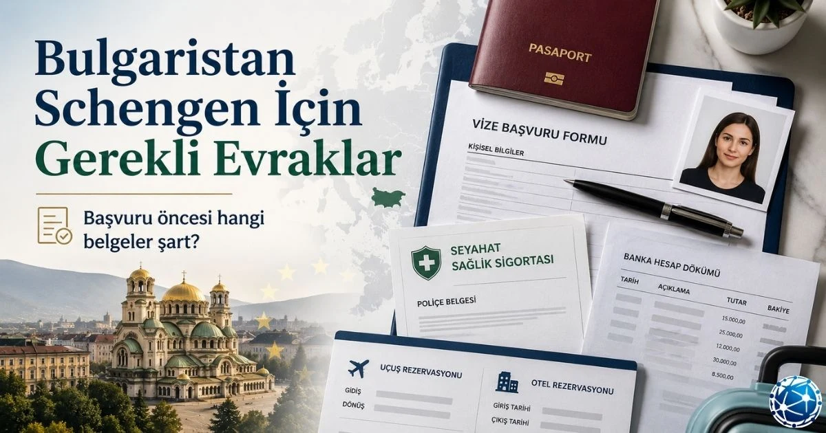 Bulgaristan Schengen vizesi için pasaport, başvuru formu, biyometrik fotoğraf, seyahat sağlık sigortası, banka dökümü ve rezervasyon belgeleri hazırlanıyor.