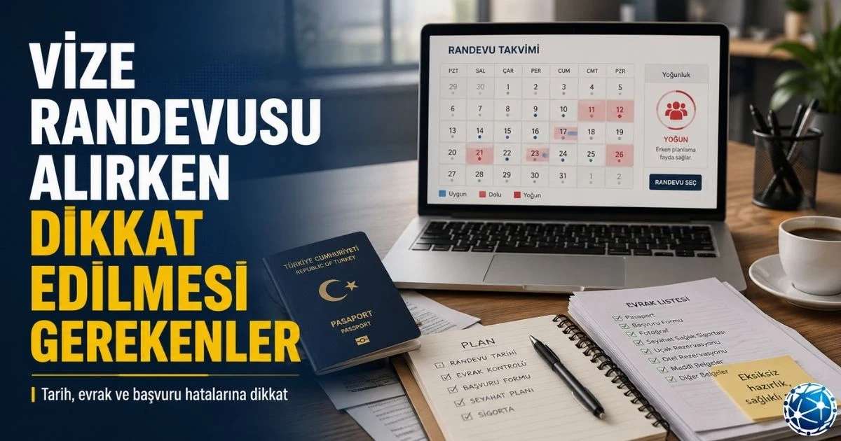 Vize randevusu alırken pasaport, başvuru formu, randevu sistemi, seyahat tarihi ve gerekli evraklar kontrol ediliyor.