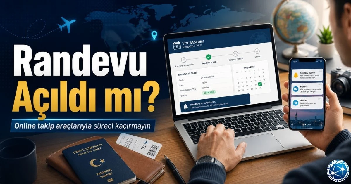 Vize başvurusunda online takip için randevu sistemi, e-posta bildirimleri, resmi duyurular, pasaport ve başvuru evrakları kontrol ediliyor.