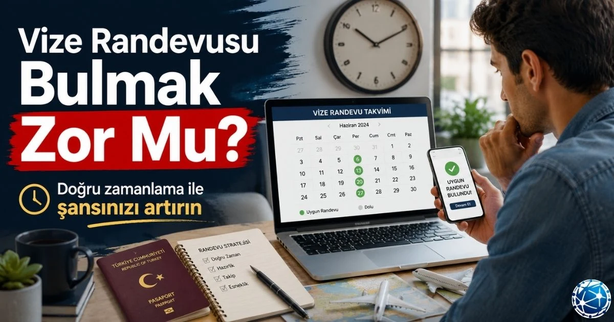 Vize randevu zamanlaması için randevu takvimi, pasaport, başvuru formu, seyahat planı ve yoğun dönemler kontrol ediliyor.