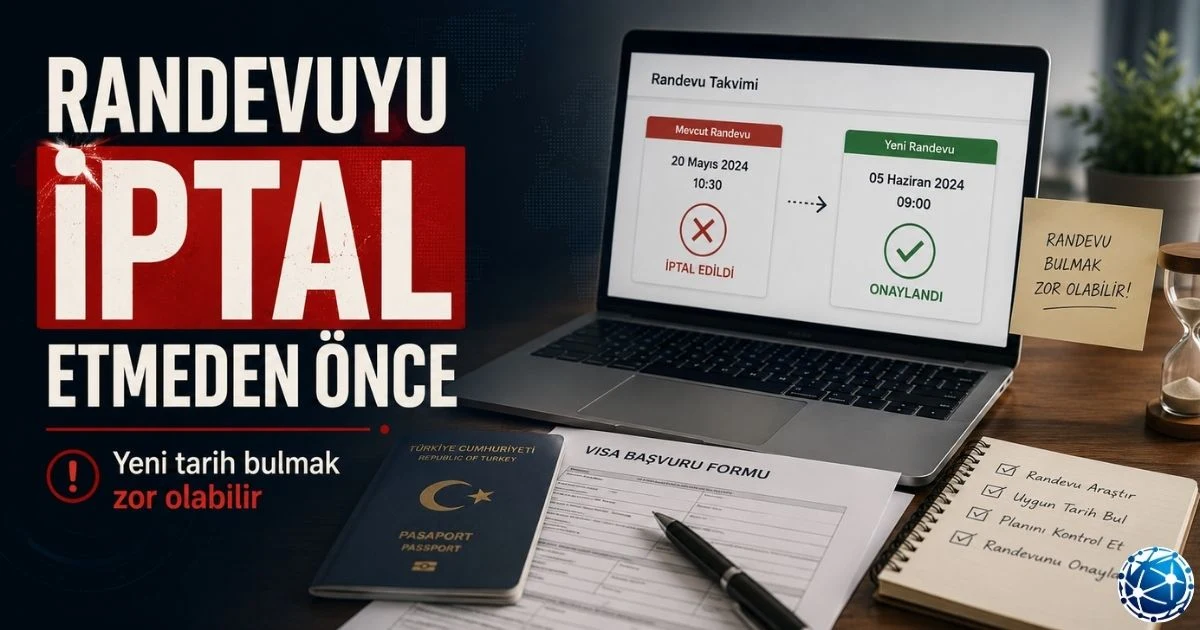 Vize randevusu iptali ve yeniden randevu alma sürecinde randevu takvimi, pasaport, başvuru formu ve evrak dosyası kontrol ediliyor.