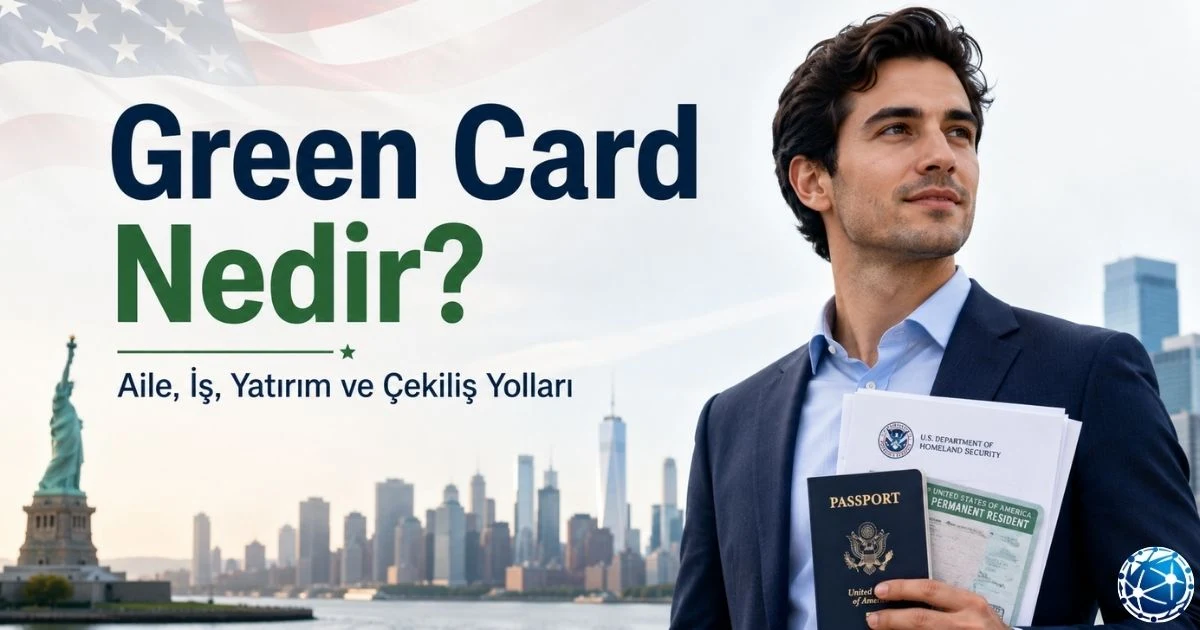 Green Card başvurusu için ABD kalıcı oturum kartı, pasaport, göçmenlik formları, aile sponsorluğu, iş başvurusu ve çekiliş süreci inceleniyor.