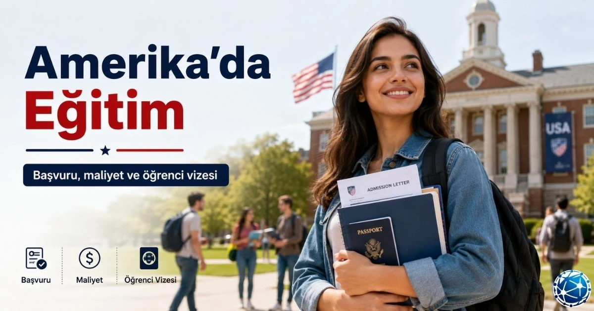 Amerika’da eğitim sistemi için üniversite kampüsü, öğrenci vizesi, kabul mektubu, burs araştırması ve başvuru belgeleri inceleniyor.