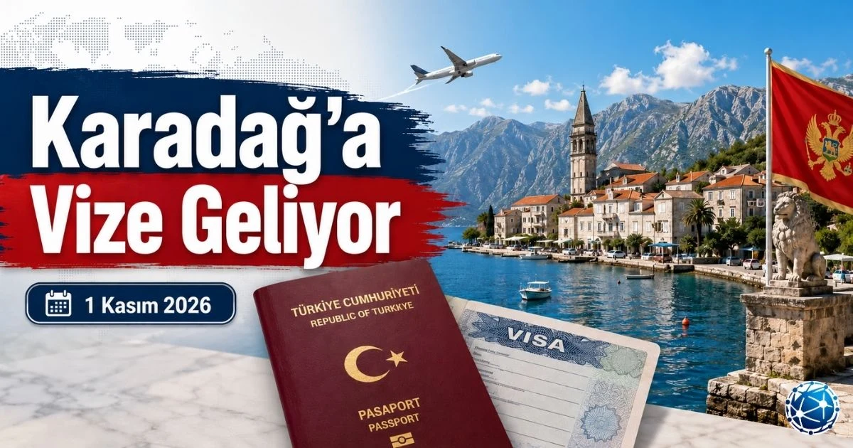 Karadağ vizesi kararı için Türk pasaportu, Karadağ bayrağı, Podgoritsa ve Kotor manzarasıyla 1 Kasım 2026 vize uygulaması anlatılıyor.