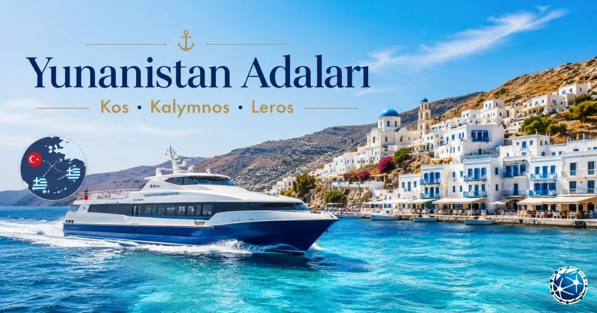 Yunanistan Adaları Kos, Kalymnos ve Leros rotaları için Bodrum ve Turgutreis kalkışlı feribot, pasaport, bilet ve Ege Denizi gösteriliyor.