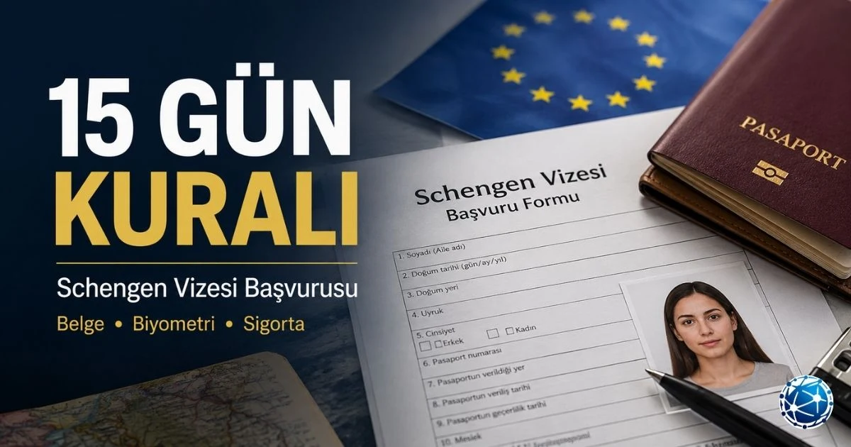 Schengen vizesi için pasaport, biyometri, sigorta ve başvuru belgelerini kontrol eden yolcu