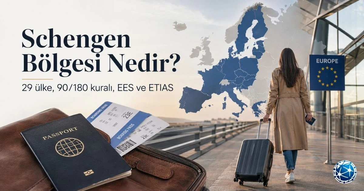 Schengen Bölgesi’nin 29 ülkesini, 90/180 gün kuralını ve Avrupa’daki sınır geçişlerini gösteren seyahat görseli