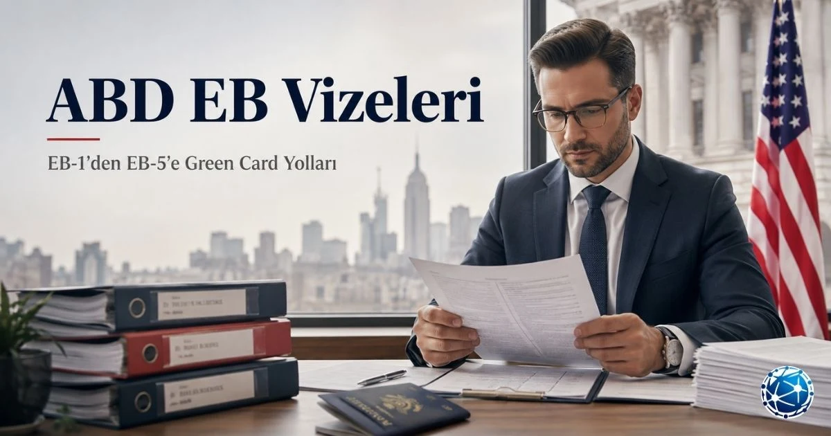 ABD EB-1, EB-2, EB-3, EB-4 ve EB-5 Green Card yollarını gösteren göçmenlik başvuru görseli