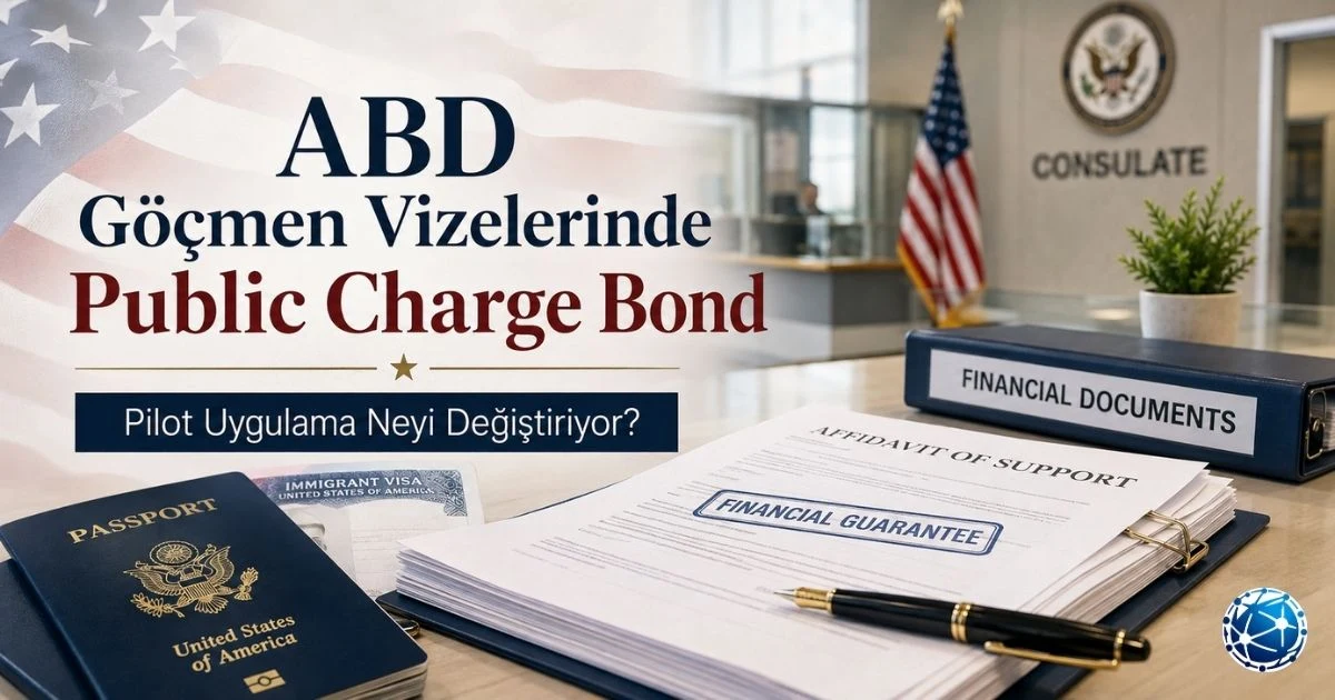 ABD göçmen vizesinde Public Charge Bond pilot uygulamasını, konsolosluk değerlendirmesini ve mali güvence sürecini gösteren görsel