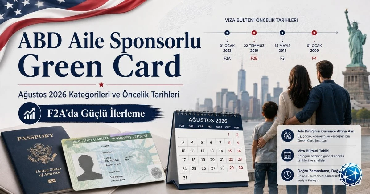 ABD aile sponsorlu Green Card kategorileri F1, F2A, F2B, F3 ve F4 için Ağustos 2026 başvuru tarihlerini gösteren görsel