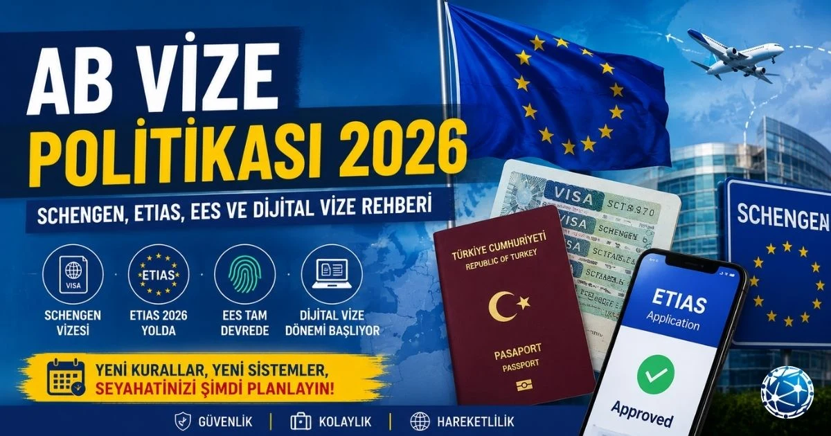 AB vize politikası 2026 kapsamında Schengen, EES, ETIAS ve dijital vize sistemini gösteren Avrupa görseli