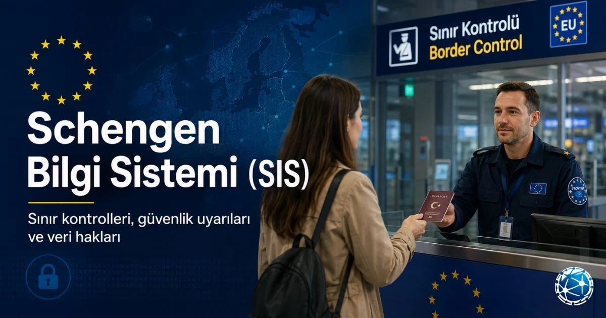 Schengen Bilgi Sistemi SIS kapsamında sınır güvenliği ve pasaport kontrolünü gösteren Avrupa görseli