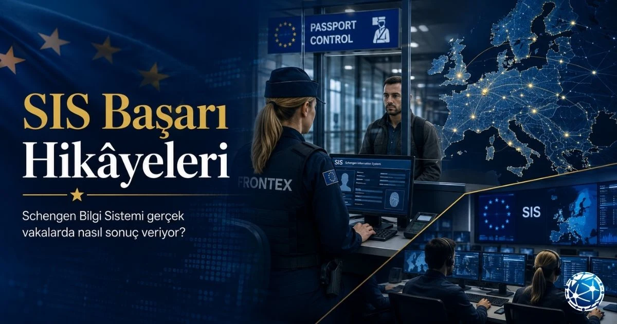 Schengen SIS başarı hikâyelerinde sınır kontrolü, aranan kişiler ve kayıp çocuk vakalarını gösteren görsel