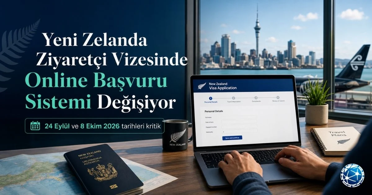 Yeni Zelanda ziyaretçi vizesi başvurularının yeni Immigration Online sistemine geçişini gösteren görsel