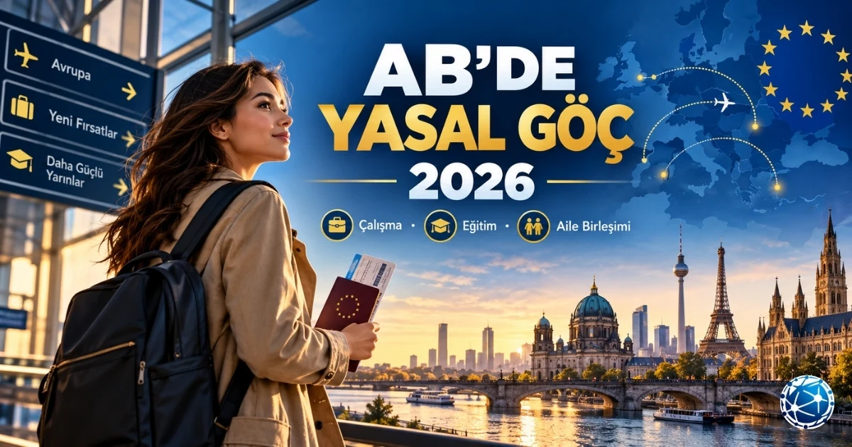 2026 AB’de yasal göç, çalışma, eğitim, aile birleşimi ve yeniden yerleştirme yollarını anlatan rehber görseli
