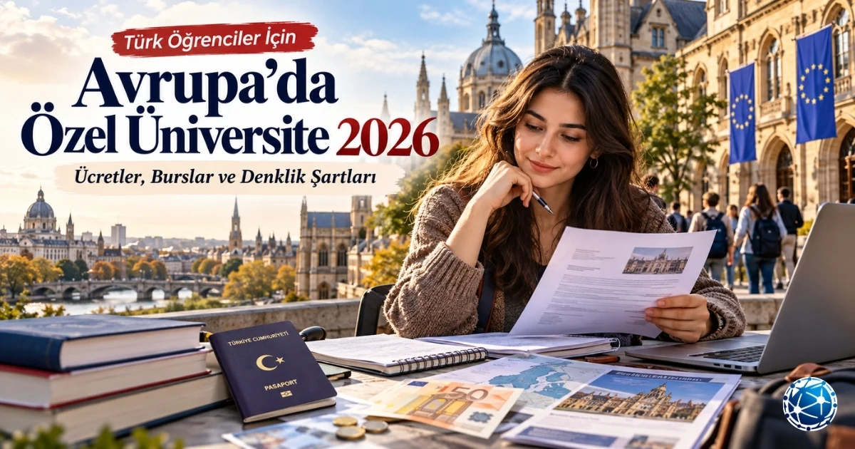 Avrupa özel üniversite eğitimi 2026 için yurtdışında okumaya hazırlanan Türk öğrenci, üniversite kampüsü, eğitim ücretleri ve YÖK diploma denkliği şartları