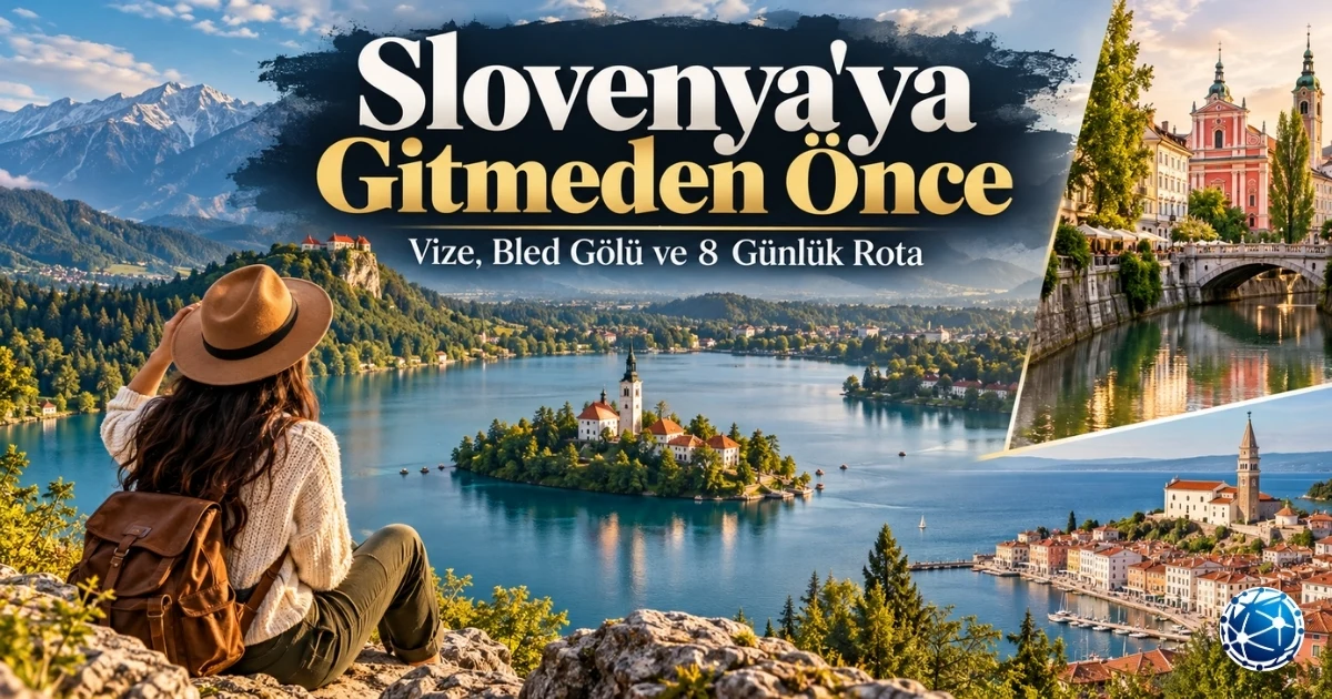 Slovenya'nın Bled Gölü ve Alp Dağları manzarasında seyahat planı yapan Türk gezgin, Schengen vizesi ve Slovenya turistik gezi rotası